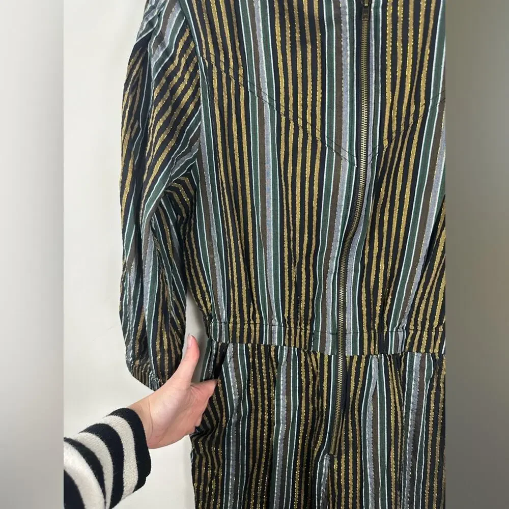BURU Jumpsuit Women Small Black Good Metallic Striped Cinch Waist Disco Zipper